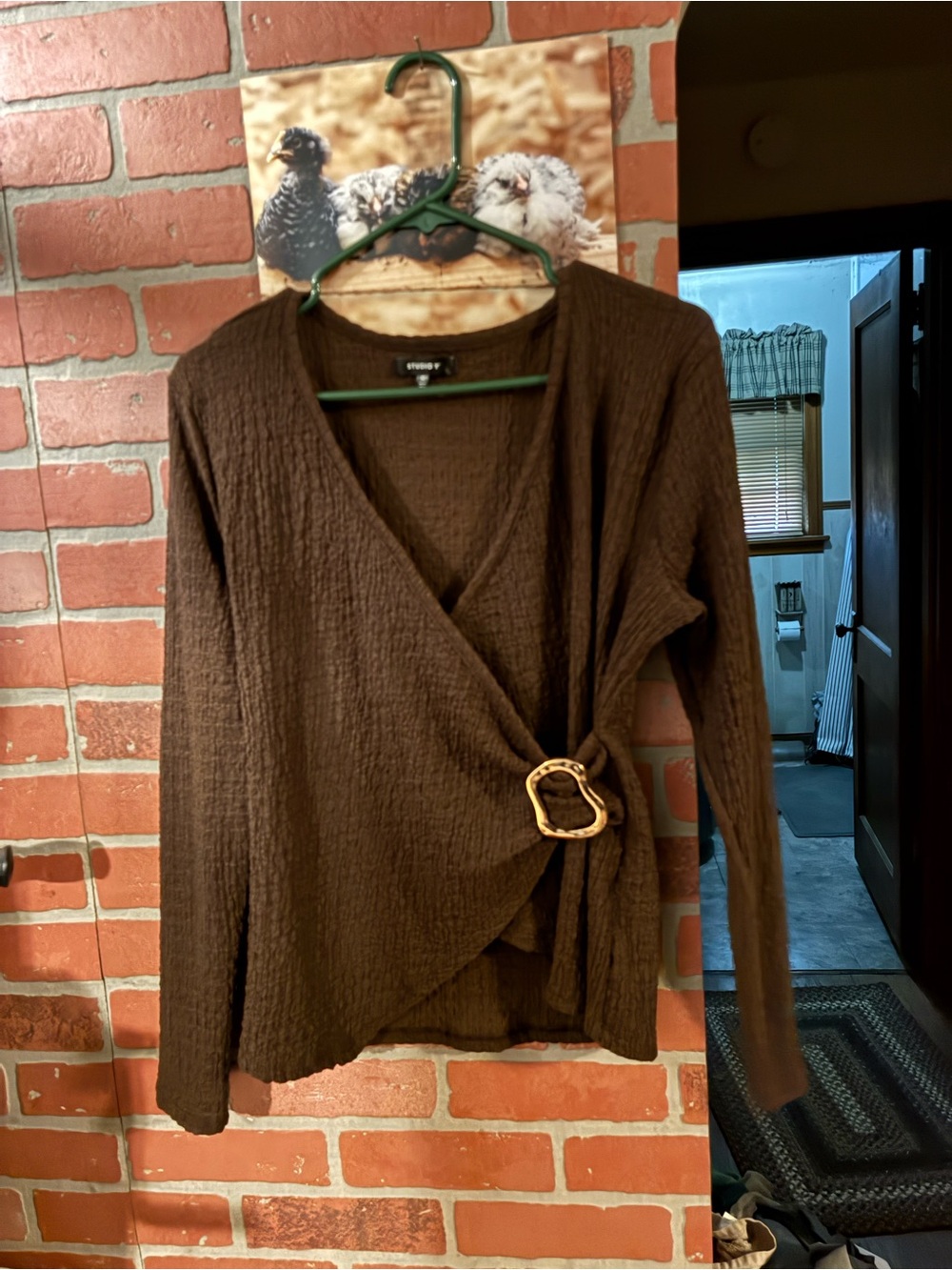 Studio Y Brown Wrap-Style Long Sleeve Top with Buckle